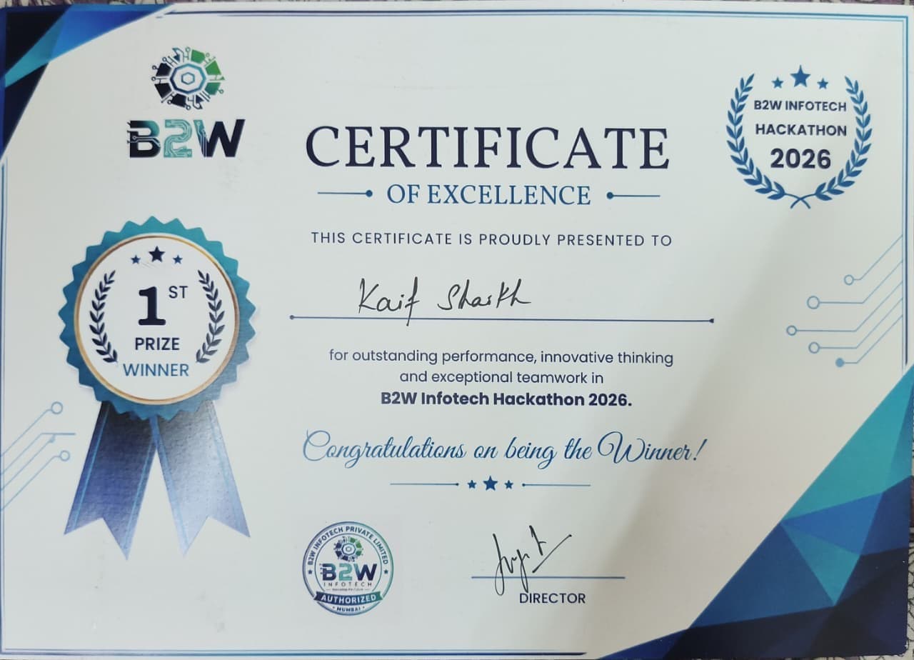 B2W Infotech Hackathon 2026 — 1st Prize certificate — B2W Infotech
