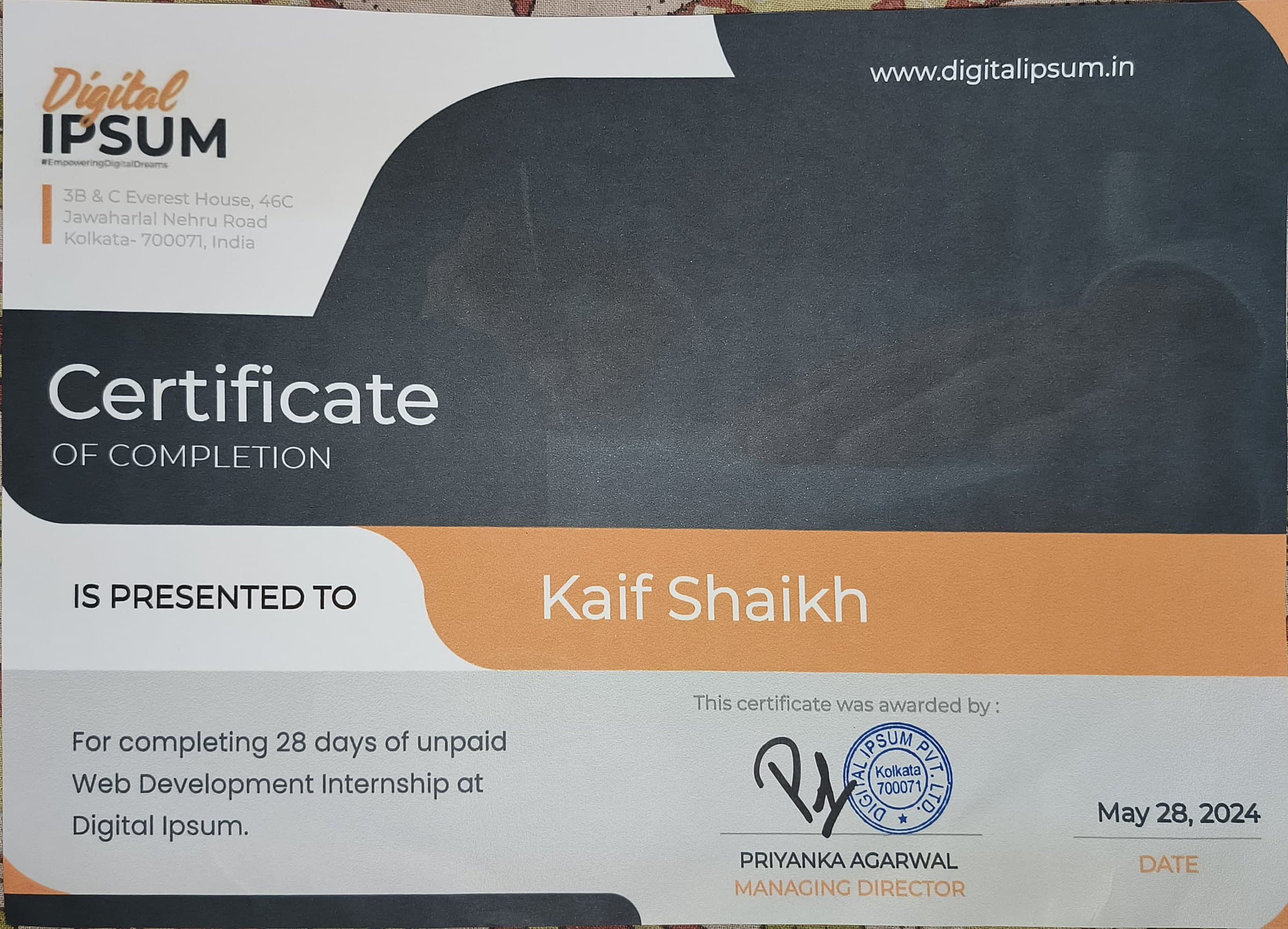 Web Development Internship certificate — Digital Ipsum